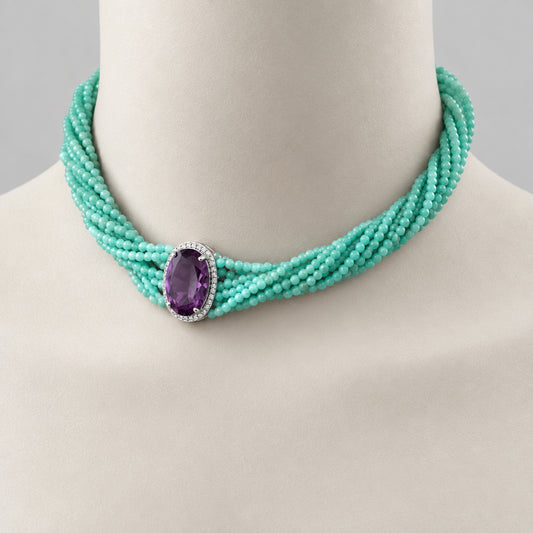 Amethyst Amazonite Choker Necklace – 8-Strand Twisted Gemstone Collar displayed on a mannequin model.