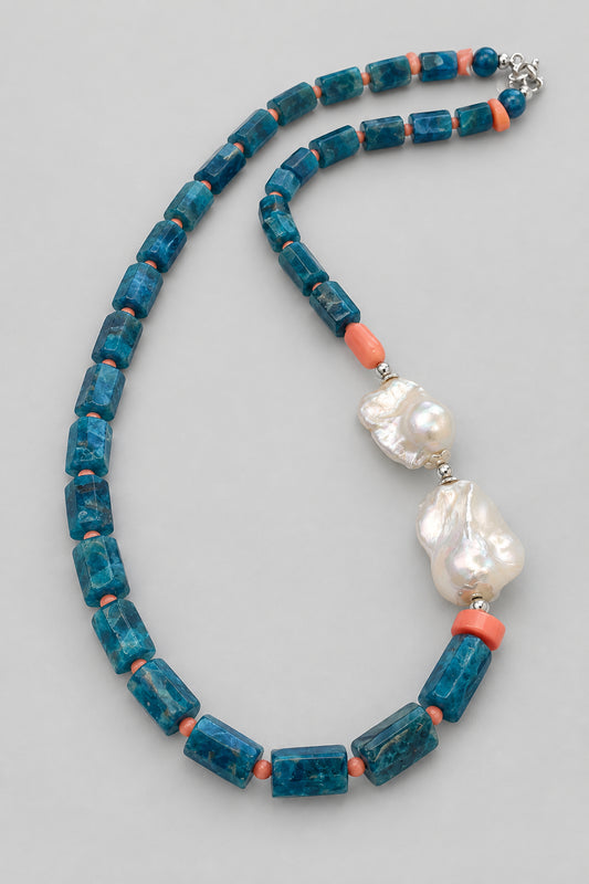 Blue apatite coral pearl necklace close-up on white background — handcrafted gemstone and baroque pearl jewelry by Loulia Pearl Jewelry