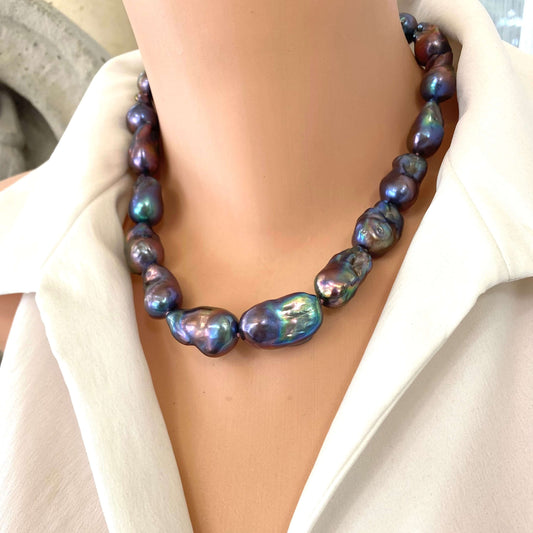 Black Baroque Pearl Necklace | Handcrafted Chunky Design showcasing unique peacock-black freshwater baroque pearls.