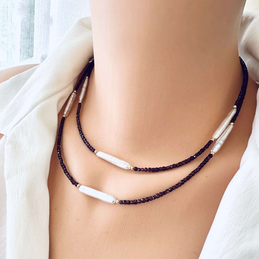 Garnet Pearl Necklace on mannequin – double wrap style – gold filled accents