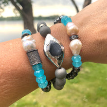Load image into Gallery viewer, Aqua Blue Beaded Stretchy Bracelets, Chalcedony, Hematite Druzy Agate &amp; Baroque Pearl Bracelet, Each Sold Separately
