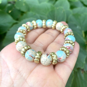 Pale Blue & Deep Red Stretchy Bracelets, Opal Sediment Jasper, Red Agate, Pearl and Turquoise Charms