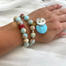 Load image into Gallery viewer, Pale Blue &amp; Deep Red Stretchy Bracelets, Opal Sediment Jasper, Red Agate, Pearl and Turquoise Charms
