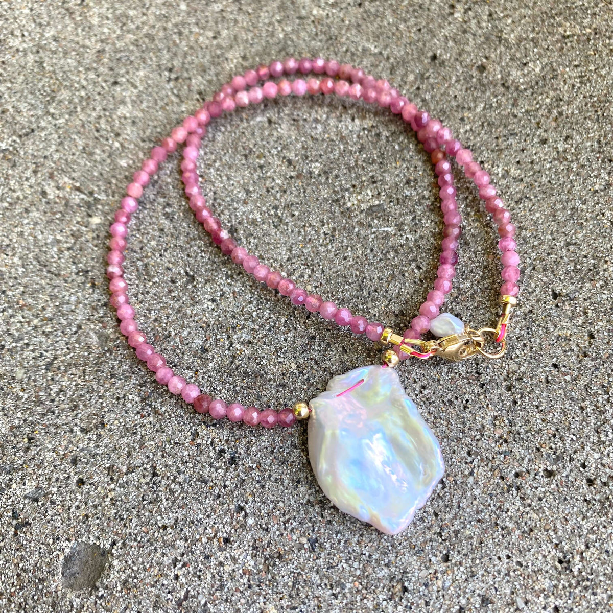 Pink tourmaline keshi pearl choker necklace handmade in Canada with natural gemstones