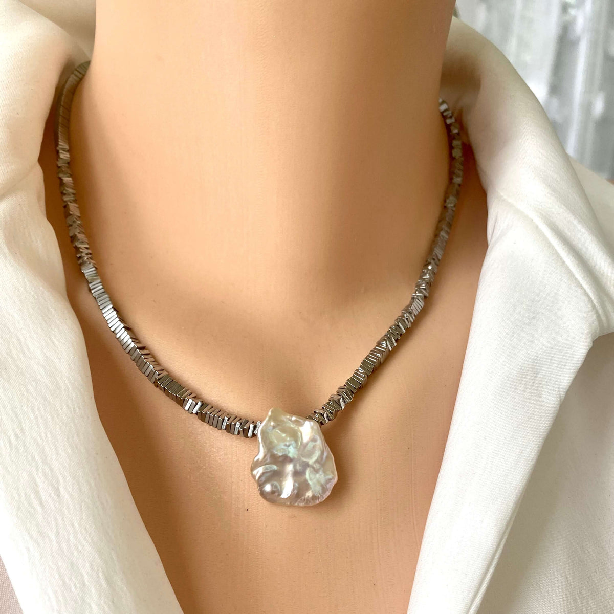 Hematite pearl necklace handmade in Canada