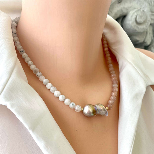 Collier en pierre de soleil et pierre de lune avec une perle baroque lavande, perles et fermoir en or rempli