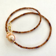 Load image into Gallery viewer, Hessonite Garnet Beaded Necklace with Golden Pink Baroque Pearl in Middle. Gold Vermeil, 17&quot;inches,
