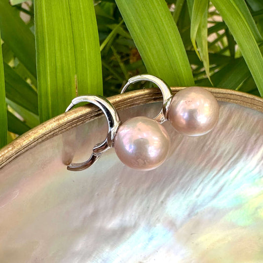 Light pink pearl hoop earrings featuring 13 mm Edison freshwater pearls on a silver setting, elegantly displayed.