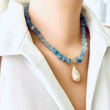Load image into Gallery viewer, Aquamarine Necklace With Golden Pink Baroque Pearl Pendant, March Birthstone, 18&quot;inches
