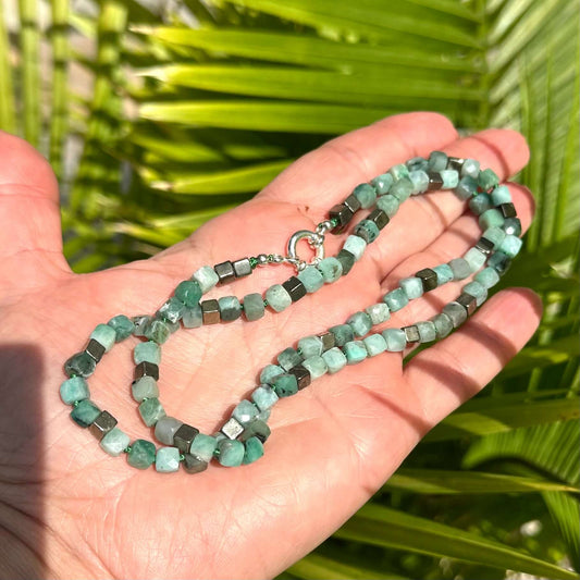 Emerald Pyrite Candy Necklace | 22" Handcrafted Design showcasing emerald cube-cut gemstones and pyrite.