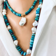 Load image into Gallery viewer, Dainty 16-inch Choker Necklace showcasing Arizona Turquoise &amp; Freshwater Baroque Pearl Pendant
