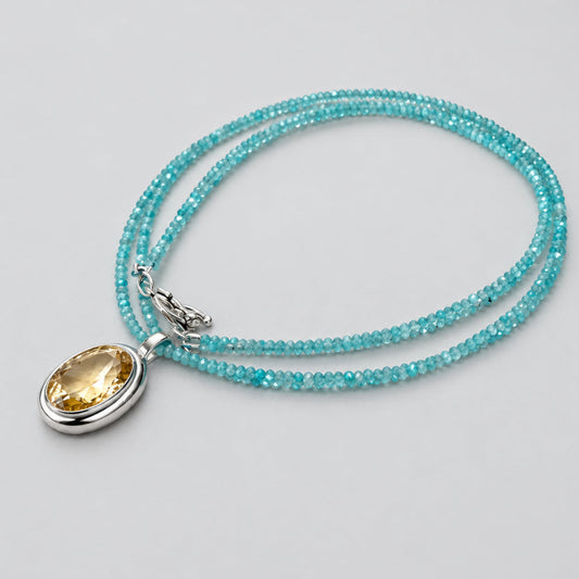 Blue Amazonite Citrine Pendant Necklace | Double Strand Design by Loulia Pearl Jewelry.