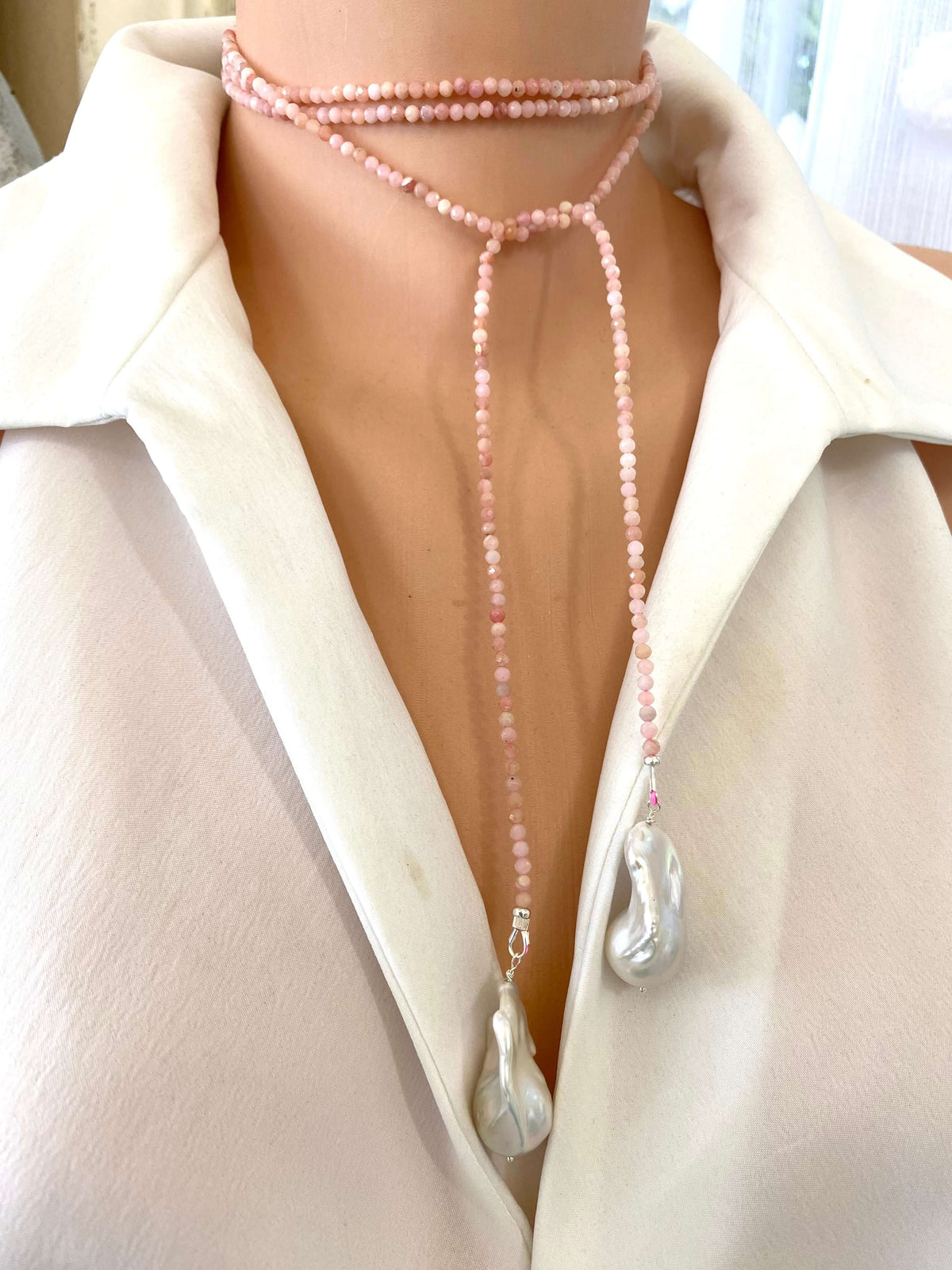 Pink Opal Baroque Pearl Necklace | 52" Lariat Design featuring faceted pink opal beads and large baroque pearls.