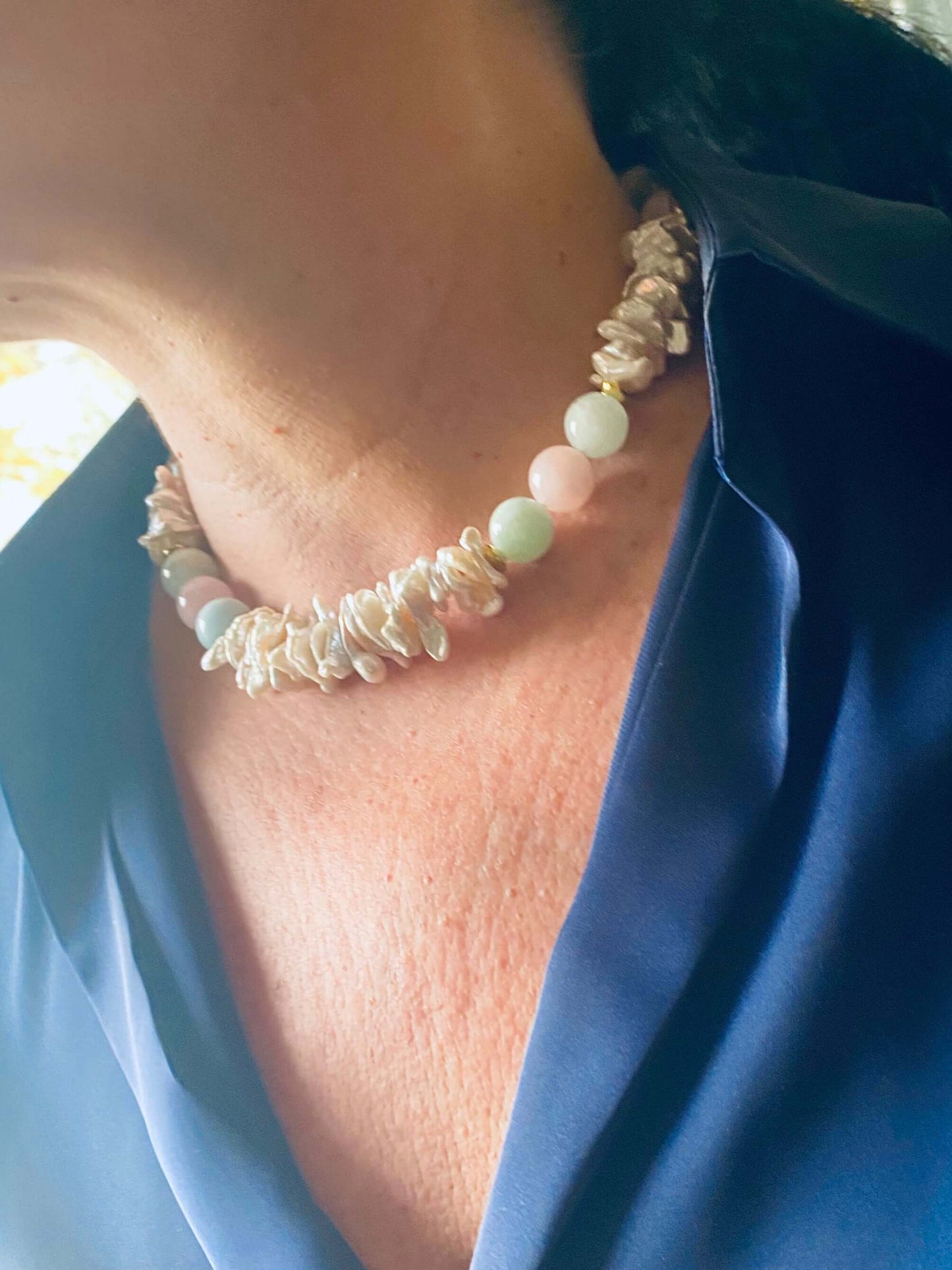 Aquamarine Morganite Necklace – close side view worn by female model
