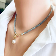 Load image into Gallery viewer, Aquamarine Toggle Necklace featuring Tiny Baroque Pearl Pendant, Gold Plated, March Birthstone, 16 inches
