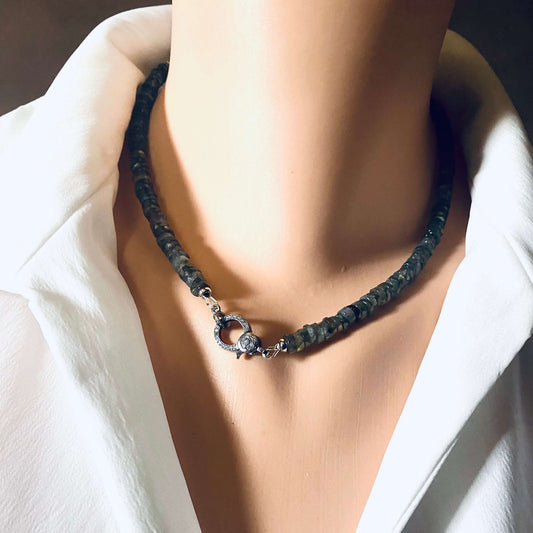 Labradorite beaded necklace with oxidized silver pavé clasp displayed elegantly on a mannequin.