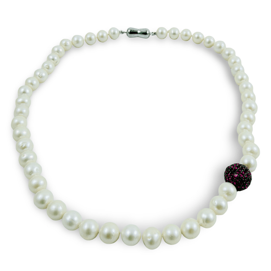 Pearl necklace with ruby red CZ bead, 17.5 inches and finished with a magnetic silver clasp