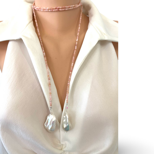 Pink Opal Baroque Pearl Necklace featuring faceted pink opal beads and large baroque pearls in a lariat design.