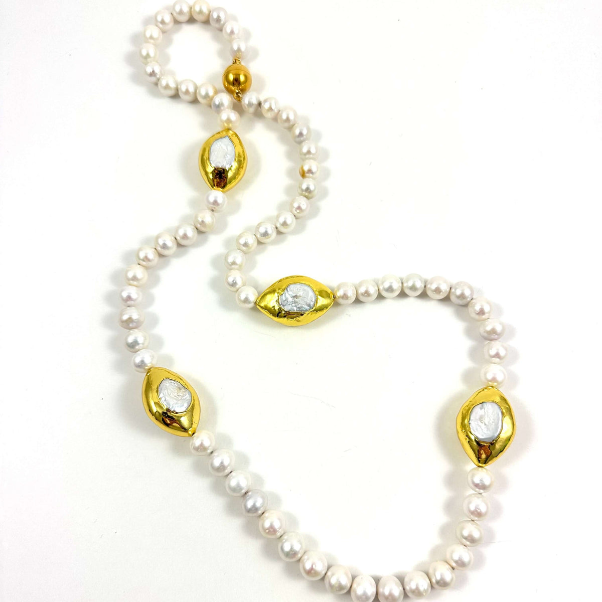 White Edison Pearl Necklace 31" with Gold Accent and magnetic clasp on white background