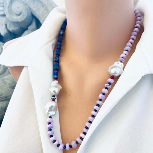 Angled view of lapis lazuli opal agate pearl necklace on mannequin — handcrafted gemstone necklace featuring opal, agate, and baroque pearls