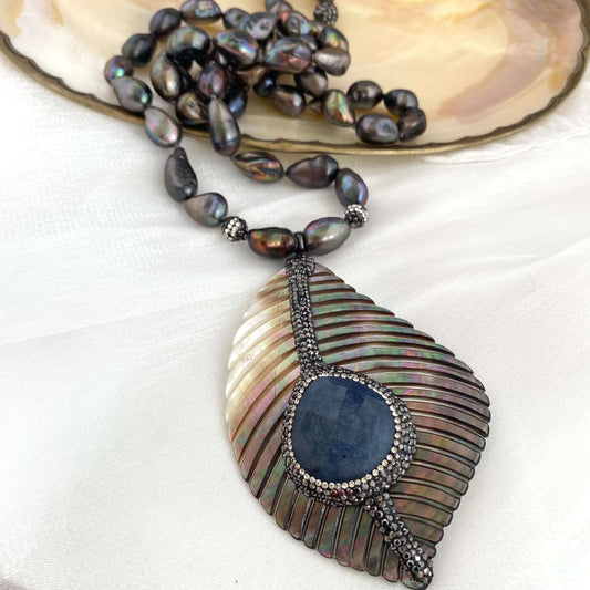 LIVE #80 - Long Peacock Black Pearl Necklace w/ Abalone Agate Pendant, showcasing black and peacock freshwater pearls.