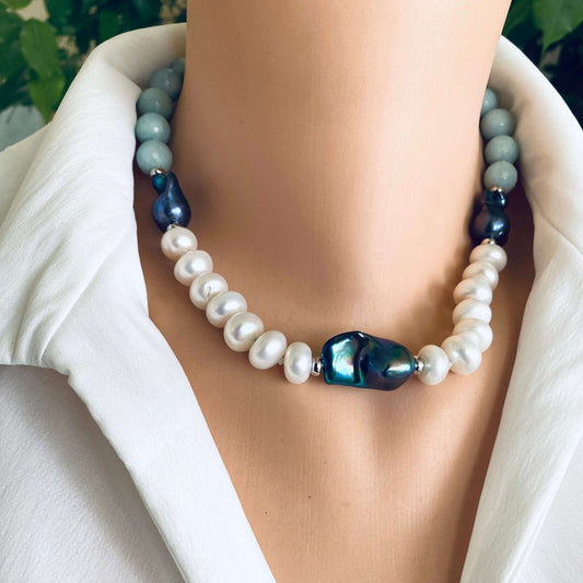 Amazonite pearl necklace featuring baroque and coin pearls, combining vibrant gemstones and elegant pearls.