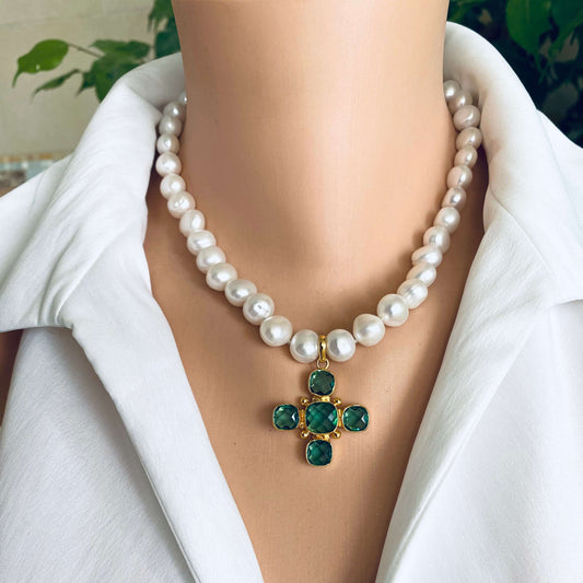 Potato pearl necklace with cross pendant featuring green quartz at the center, perfect for elegant occasions.