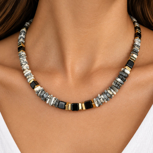 Dendritic opal necklace close-up on model, graphic opal pattern with black spinel cubes