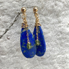 Load image into Gallery viewer, Teardrop Lapis Lazuli and Peridot Earrings, Gold Filled, OOAK Jewelry
