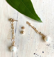 Load image into Gallery viewer, Pearls on Heart Chain Drop Earrings, Gold Filled
