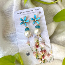 Load image into Gallery viewer, Edison White Pearls &amp; Aquamarine Drop Earrings, Blue Enamel and Gold Plated Flower Studs
