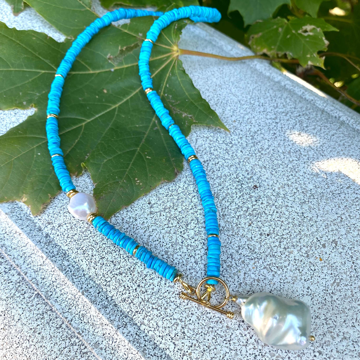 Turquoise Pearl Toggle Necklace featuring vibrant turquoise beads and baroque pearls, perfect for any jewelry collection.