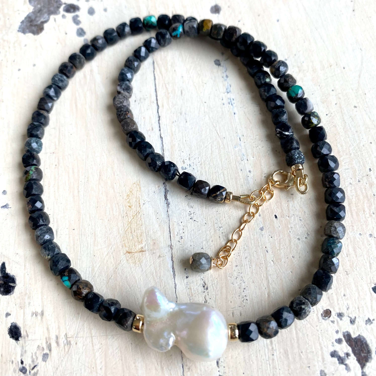 Black turquoise baroque pearl necklace handmade in Canada with natural stones and freshwater pearl