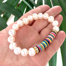 Load image into Gallery viewer, Genuine White Pearls with African Heishi Vinyl Disks Stretchy Bracelet, Summer Jewelry, Colourful Bracelet
