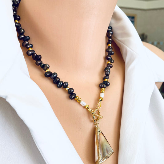 Brown pearl seashell necklace featuring freshwater brown pearls and seashell pendant