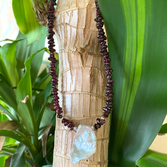 Garnet and Baroque Pearl Necklace