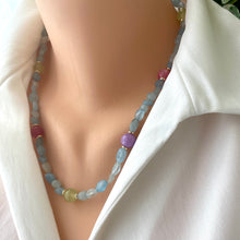 Load image into Gallery viewer, Aquamarine Necklace with Red, Lilac &amp; Green Jade
