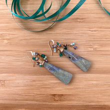 Load image into Gallery viewer, Labradorite with Amazonite, Green Onyx &amp; Black Pearls Cluster Earrings, Gold Filled, 57MM
