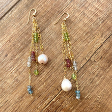 Load image into Gallery viewer, Yellow Gold Multi Gemstones and Baroque Pearl Hoop Earrings, Aquamarine, Citrine, Peridot &amp; Pink Tourmaline, Gemstone Long Dangle Earrings
