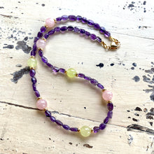 Load image into Gallery viewer, Amethyst necklace with gold plated details
