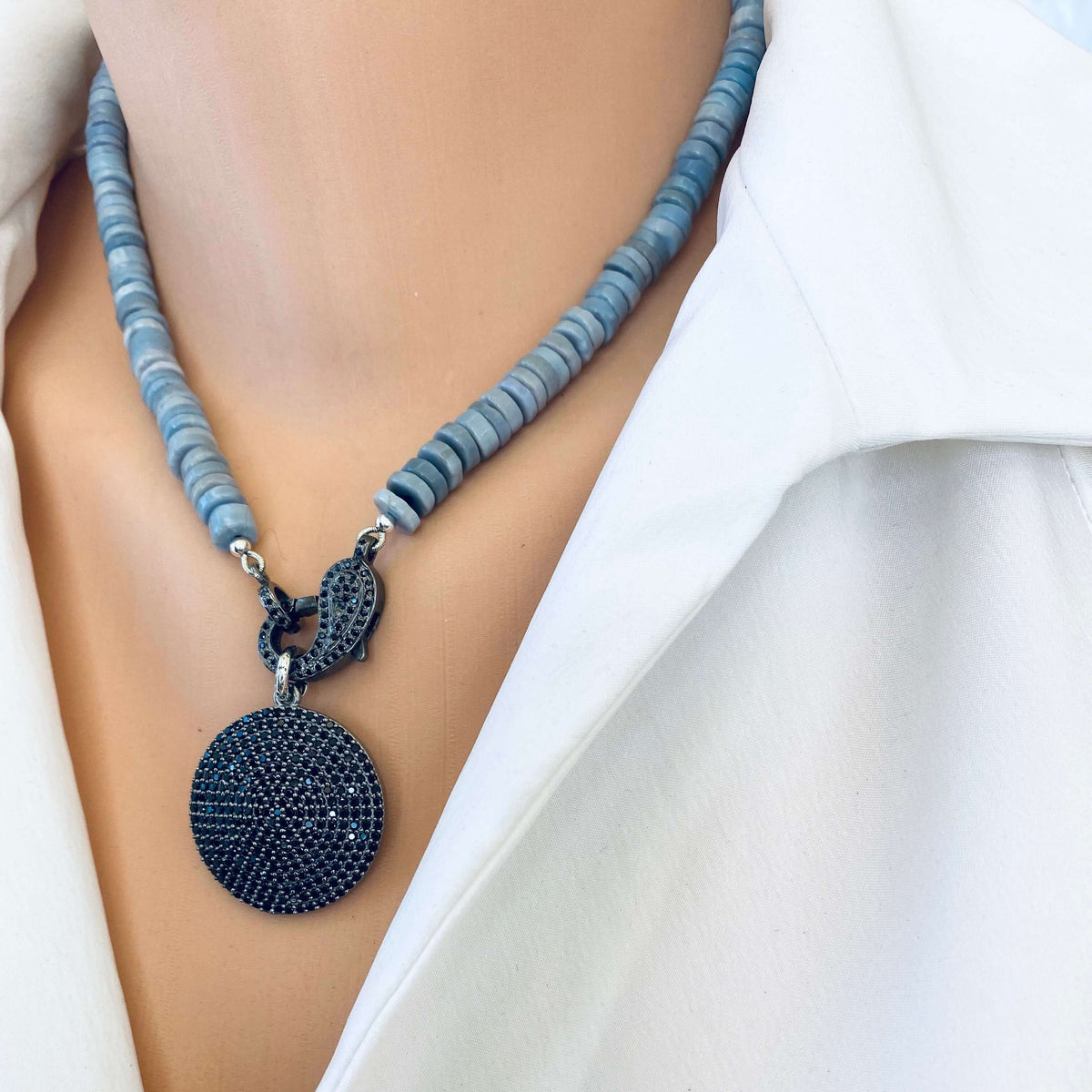 Oregon blue opal candy necklace styling on neckline without pendant, handmade Canadian gemstone jewelry