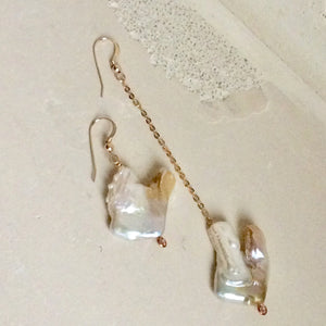 Mismatched Keshi Pearl Drop Earrings with Pink Cubic Zirconia Bezel, Gold Filled