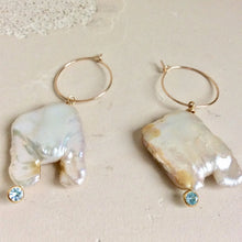 Load image into Gallery viewer, Natural Pearl and Gold Filled Hoop Earrings with Light Blue Cubic Zirconia
