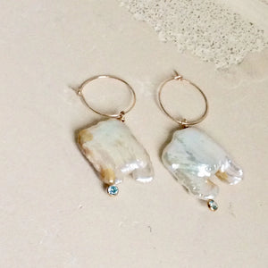 Natural Pearl and Gold Filled Hoop Earrings with Light Blue Cubic Zirconia