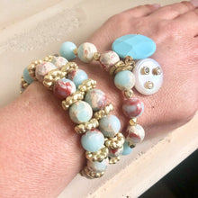 Load image into Gallery viewer, Pale Blue &amp; Deep Red Stretchy Bracelets, Opal Sediment Jasper, Red Agate, Pearl and Turquoise Charms
