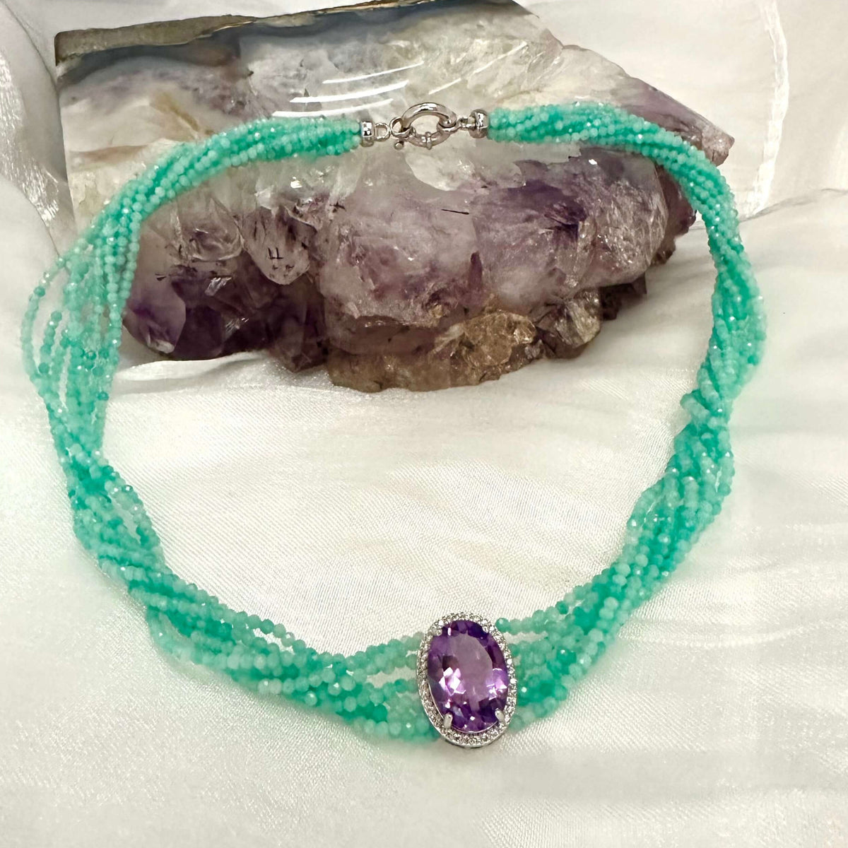 Amethyst Amazonite Choker Necklace – 8-Strand Twisted Gemstone Collar with vibrant amazonite beads.