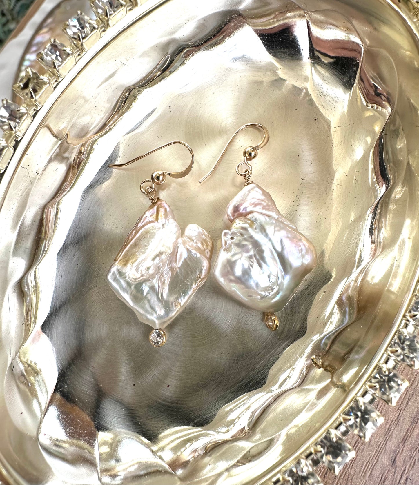 Diamond Shape Pearl Drop Earrings & Clear Cz