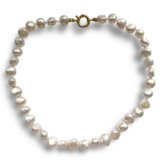 small baroque pearl necklace with gold marine clasp 