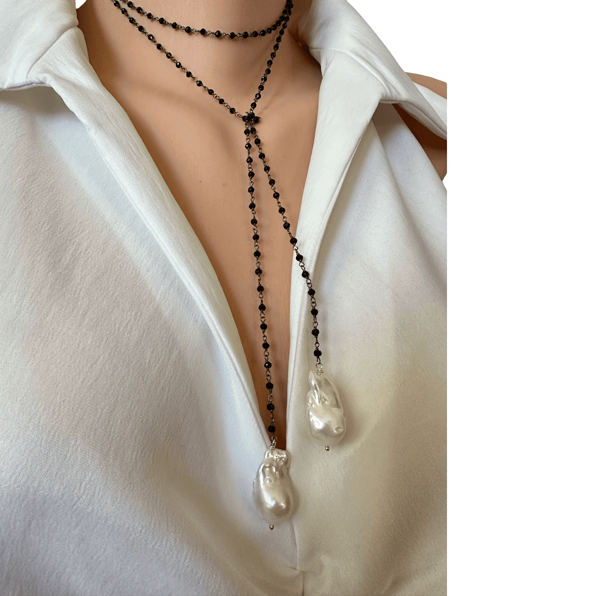 black spinel rosary chain lariat with white baroque pearls