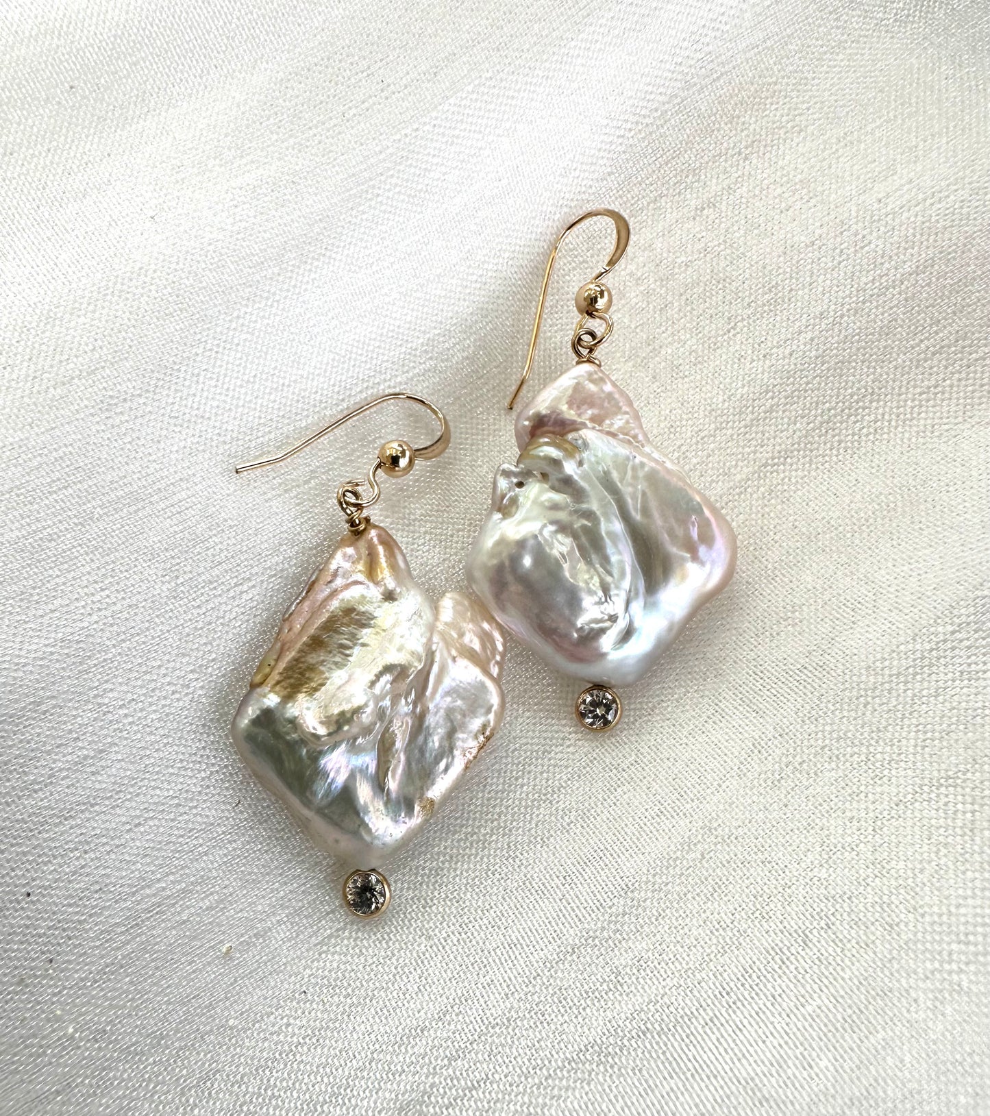 Diamond Shape Pearl Drop Earrings & Clear Cz
